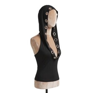 New XS Black Hooded Halter Top Silver Grommet Festival Punk Goth Tank